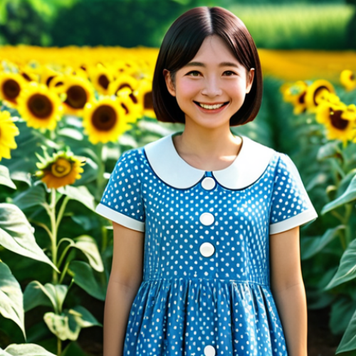 Home 4 **
"A heartwarming portrait of Shizuka from Doraemon, smiling gently, surrounded by blooming sunflowers, fully clothed in a modest summer dress, safe for work, appropriate content, perfect anatomy, natural proportions, digital art, soft lighting, family-friendly, professional illustration."
**